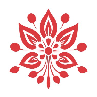 Dekoratif bir tasarım beyaz arka planda kırmızı geometrik bir çiçek deseni ile sunulur. Çiçeğin yaprak gibi şekilleri ve küçük, yuvarlak elementleri vardır..