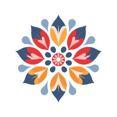 Tarzlı bir mandala renkli şekiller gösterir. Dizayn küçük bir merkezin etrafında kırmızı, mavi ve sarı renklerde simetrik taç yaprakları ve yaprak desenleri içerir..