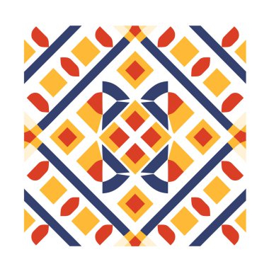 Deniz, kırmızı ve sarı renklerde çapraz çizgiler, elmaslar ve taç yaprakları içeren kare geometrik bir tasarım..