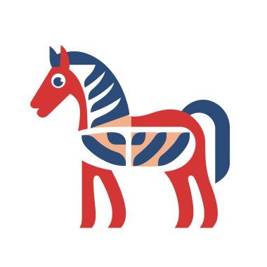 Dala atının düz ve renkli bir tasviri beyaz bir zemine karşı duruyor. Atın kırmızı, mavi ve beyaz desenleri var..