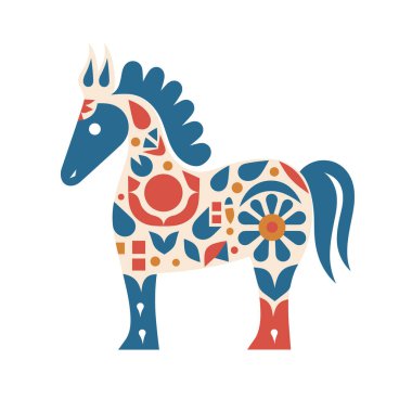 Kalıplı bir at tasarımı. Dala atı İskandinav halk sanatı tarzında çiçek ve geometrik şekillerle süslenmiştir..