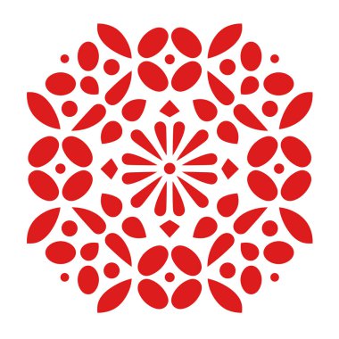 Kırmızı çiçek ve taç yaprakları içeren tekrarlayan geometrik bir tasarım. Parlak beyaz bir arkaplanda dairesel ve simetriktir..