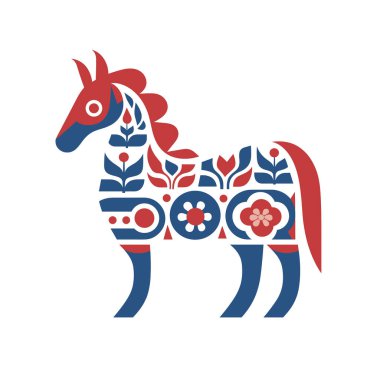 Madalyalı bir Dala atı çizimi gösteriliyor. Beyaz arka planda kırmızı ve mavi çiçekli ve geometrik tasarımlar yer almaktadır..