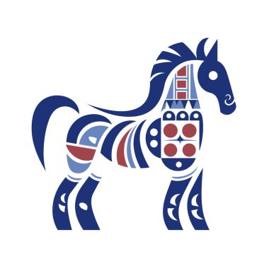 Dala atı profilde duruyor. At mavi, kırmızı ve beyazdır ve beyaz arkaplanda geometrik desenler ve şekillerle süslenmiştir..