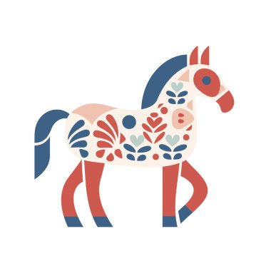 Parlak renkli bir dala atı çiçek desenleri ve soyut desenlere sahiptir. At ayakta duruyor, basit, beyaz bir arkaplanda sunuluyor..