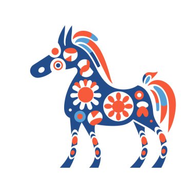 Mavi bir dala atı figürü, beyaz arka planda turuncu ve beyaz çiçekler ve geometrik şekillerle süslenmiştir..