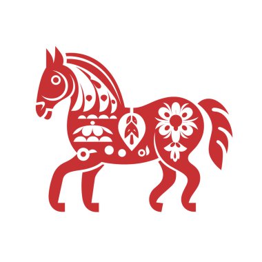 Şekillendirilmiş, dekoratif kırmızı bir at kağıt kesiği tarzında resmedilir. Çiçek ve yaprak vücudu süslüyor, düz beyaz bir arkaplan üzerine kurulmuş..