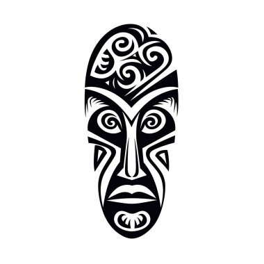Girdaplı bir kabile maskesinin siyah beyaz çizimi. Tasarım geometrik şekilleri içeriyor ve geleneksel kabile sanatına benziyor..