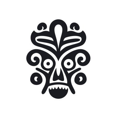 Tarzlı bir siyah beyaz grafik tasarımı, kıvrılan şekilleri ve keskin beyaz bir arka plana karşı dişli sırıtışı olan bir kabile maskesi gösterir..