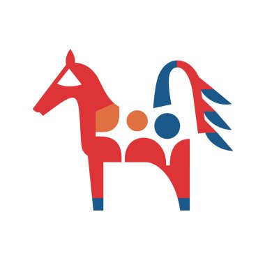 Kırmızı, mavi ve turuncu geometrik soyut bir Dala atı tasvir eder. Halk sanatı tasarımı daireler ve açılı çizgiler içerir..