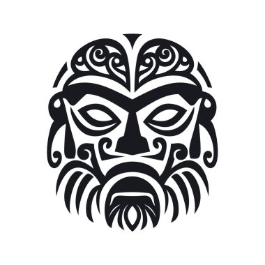 Siyah ve beyaz bir Maori kabilesi yüzü gösteriliyor. Girdapları, spiralleri ve sakalı var. Tasarım daireseldir..