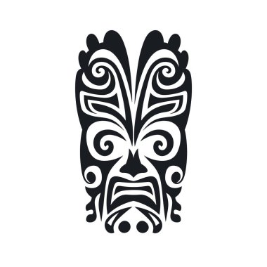 Geometrik şekilleri, girdapları ve çizgileri olan biçimlendirilmiş siyah kabile maskesi tasarımı. Maskenin anlamlı bir yüzü ve dekoratif unsurları var..