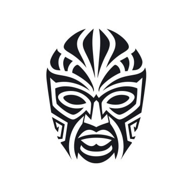 Soyut kabile desenli stilize bir yüz maskesi gösterilir. Maskenin beyaz arka planda siyah bir tasarımı var. Yüzü simetrik ve kalın..