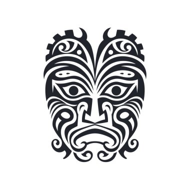 Maori maske tasarımı gösterilir. Maskenin girdap tasarımları var. Sade beyaz bir arka plana karşı siyahtır..
