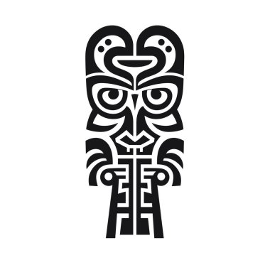 Beyaz arka planda kuş motifli bir siyah kabile tiki sergilenir. Tiki, üzerinde stilize kuşlar olan geometrik bir tasarıma sahiptir..