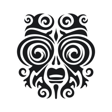 Siyah ve beyaz olarak soyut bir kabile maskesi gösterilir. Tasarım kıvrımlar ve açık bir ağız içeriyor. Biçim basit ve simetrik.