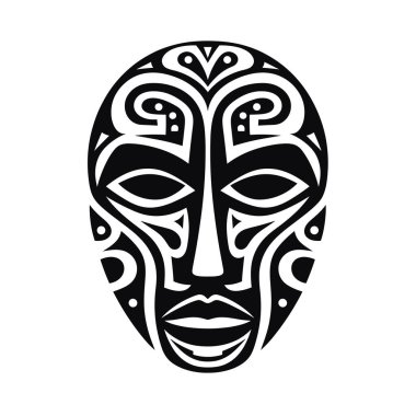 Bir Afrika kabilesi maskesinin simetrik siyah beyaz tasarımı. Maskenin soyut, eğri şekilleri ve geometrik şekilleri var..