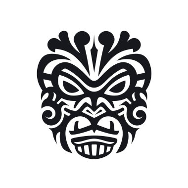 Siyah ve beyaz bir illüstrasyon kabile tasarım elementleri içeren simetrik bir maske gösteriyor. Gözleri, burnu, ağzı ve bukleleri içerir..