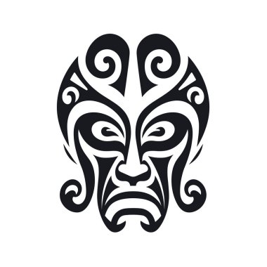 Tarzlı bir kabile maskesi beyaz arka planda siyah mürekkeple gösterilir. Maske simetrik desenlere ve dönen tasarımlara sahiptir..