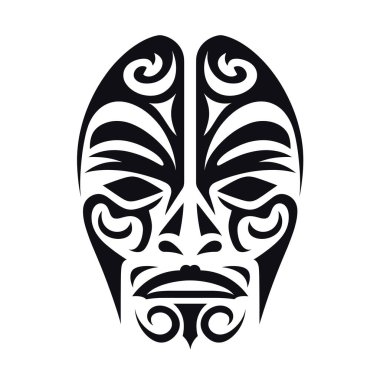Siyah bir kabile maskesinin tasarımı beyaz bir arkaplan üzerine kuruludur. Maske karmaşık spiral desenler ve stilize yüz özellikleri içerir..