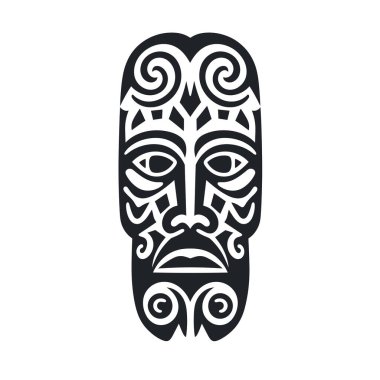 Sitilleşmiş, geometrik şekilli, girdaplı ve sakallı bir insan yüzü içeren siyah ve beyaz bir kabile maskesi..