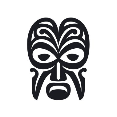 Modaya uygun siyah ve beyaz bir Maori maskesi. Alnında girdap desenleri ve biçimlendirilmiş burun ve ağız var..