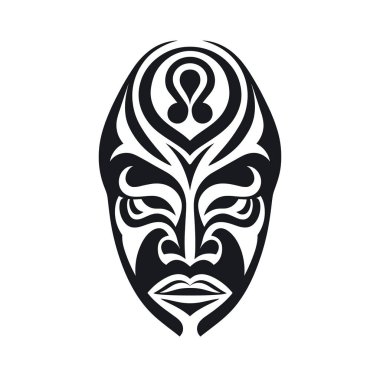 Siyah ve beyaz bir yüz maskesi tasarımı koyu siyah kabile motifleriyle beyaz bir arkaplanda göze çarpıyor. Maske simetrik özellikleri gösterir.