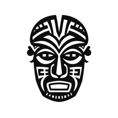 Siyah ve beyaz çizimler soyut bir maske gösteriyor. Tasarım geleneksel Maori sanatından esinlenmiş gibi görünüyor..