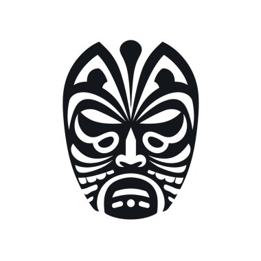 Siyah ve beyaz bir tasarım, Tiki ya da diğer Polinezya sanat formlarına benzeyen karmaşık detaylara sahip stilize edilmiş bir kabile maskesini gösteriyor..
