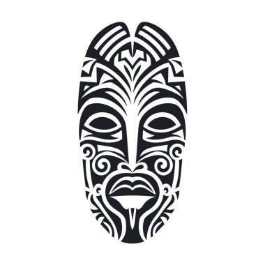 Siyah ve beyaz bir sanatsal tasvir, kabile elementleriyle bir Maori stili maske tasvir eder. Maskenin oval bir şekli ve simetrik tasarımları var..