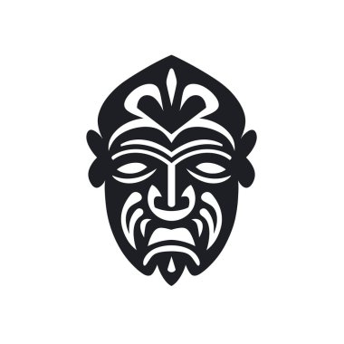 Beyaz arka planda siyah bir Maori maske tasarımı gösterilir. Simetrik tasarım oymalı bir görünüme sahip ve çiçekli elementlere sahip..