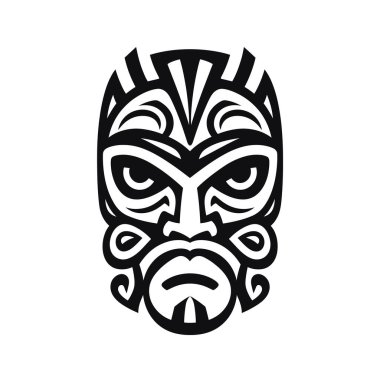 Sivri hatları ve akışkan çizgileri olan biçimlendirilmiş, detaylı bir kabile maskesi düz beyaz bir arka plana karşı siyah renkte sergilenir..