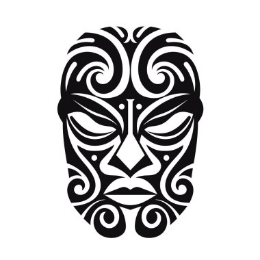 Dalgalanan, dönen şekilli ayrıntılı bir kabile maskesi. Maske siyah ve beyaz, şekillendirilmiş gözleri, burnu ve ağzı olan bir yüz sergiliyor..