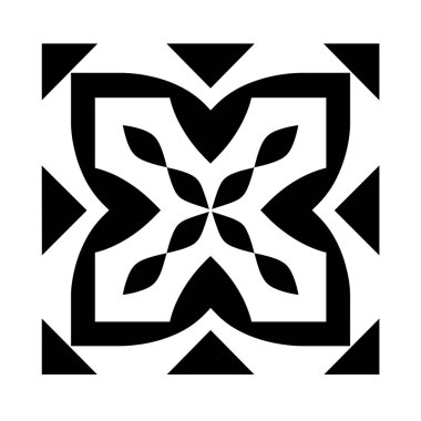 Kare karo siyah şekillerden oluşan simetrik bir tasarıma sahiptir, üçgenler ve biçimlendirilmiş taç yaprakları da dahil olmak üzere, beyaz bir arkaplan üzerine kurulmuştur..