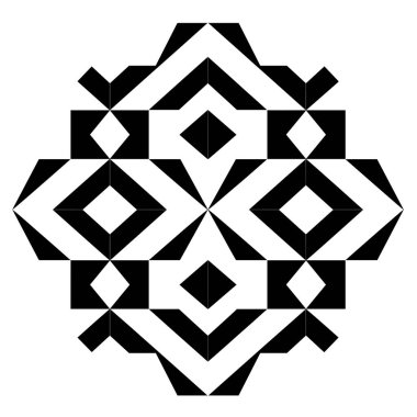 Simetrik, geometrik bir desen gösterilir. Siyah ve beyaz şekillerden yapılmış, üçgenler, kareler ve elmaslar da dahil..
