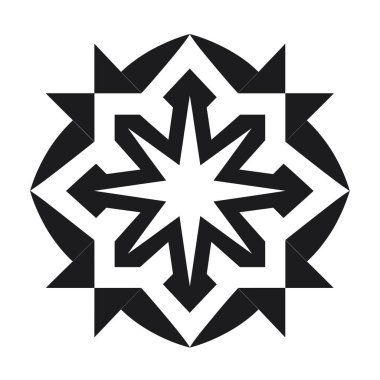 Siyah geometrik tasarım bir yıldız şekli, ok başlıkları ve bir çember çizgisi içerir. Şablonun simsiyah ve beyaz renk paleti var..
