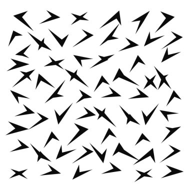 Oklar, semboller ve haçlar da dahil olmak üzere çeşitli geometrik şekiller soyut bir düzende beyaz bir arkaplana dağılmıştır..