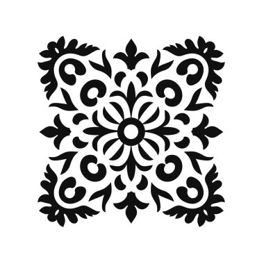 Merkezî çiçekli bir motif içeren kare bir tasarım. Etrafı şekillendirilmiş yapraklar, girdaplar ve siyah bir renkte tekrarlanan desenlerle çevrili..