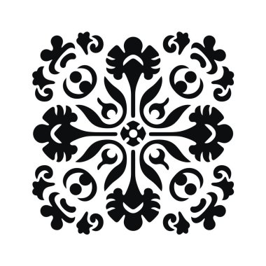 Siyah renkli simetrik çiçek deseni kare bir şekil yaratır. Bu desen çiçekleri, girdapları ve merkezi bir çemberin etrafında yaprakları içerir..