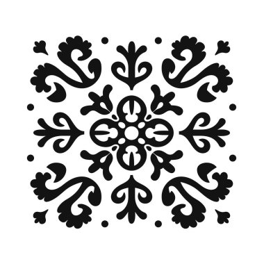 Beyaz arka planda simetrik kompozisyonu olan siyah çiçek deseni. Eski ve dekoratif unsurlarla süslenmiş bir tarzı var..