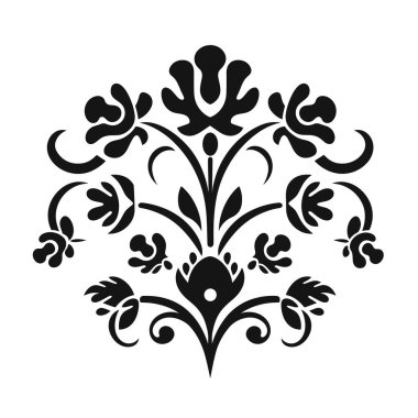 Siyah çiçekler ve yapraklar simetrik bir süs tasarımı oluşturur..