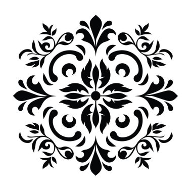 Dairesel tasarım siyah renkli zarif bir süs deseni gösteriyor. Şablon bir çiçek şekliyle merkezlenmiş..