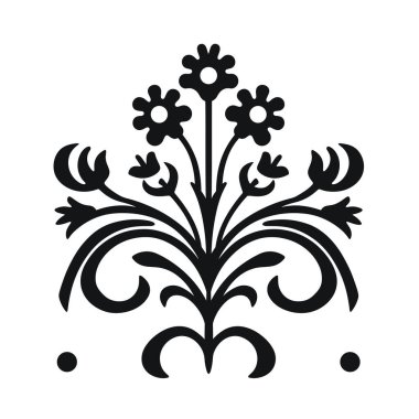 Dekoratif bir çiçek deseni kıvrımlı yapraklar, çiçek açan çiçekler ve iki basit nokta içerir, hepsi de beyaz bir arka plana karşı koyu siyah noktalardır..