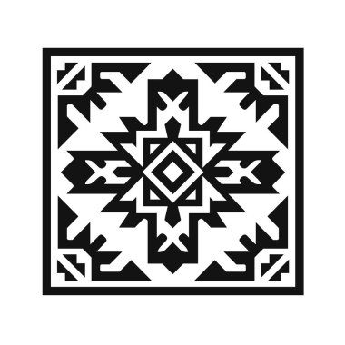 Siyah ve beyaz kare tasarımı, merkezinde elmas şekilli, keskin açısal şekillerle çevrili, tekrarlayan bir geometrik deseni gösterir..