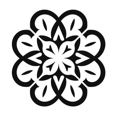 Simetrik tasarım siyah ve beyaz bir resimde kalp şekilleri ve çiçek desenleri içerir. Dengeli, karmaşık ve zarif..