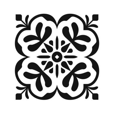 Kare bir fayans çiçek desenini gösterir. Siyah tasarım beyaz arka plana karşı karmaşıktır. Dekorasyon için kullanılabilir..