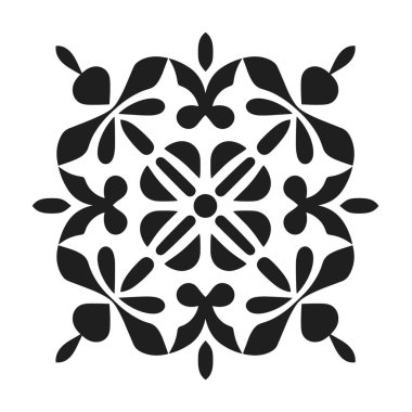 Simetrik çiçek deseni siyah şekiller ve kıvrımlı çizgiler kullanarak beyaz arkaplanda kare desen oluşturur. Tasarım dekoratif görünüyor..