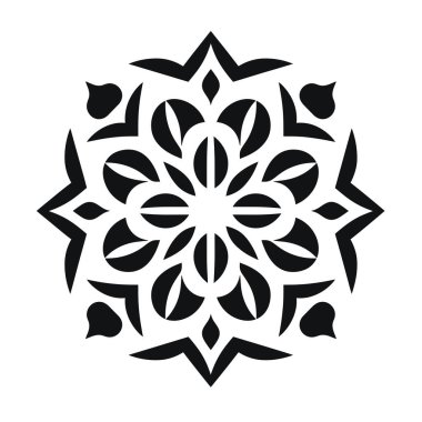 Simetrik siyah-beyaz bir tasarım. Geometrik şekilli, çiçekli bir desen oluşturan stilize edilmiş bir mandala sahip. Tasarım merkezde..