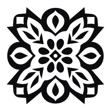 Siyah ve beyaz renklerde çiçek yaprakları ve geometrik şekiller içeren simetrik tasarım. Dizaynın çiçekli bir görüntüsü var..