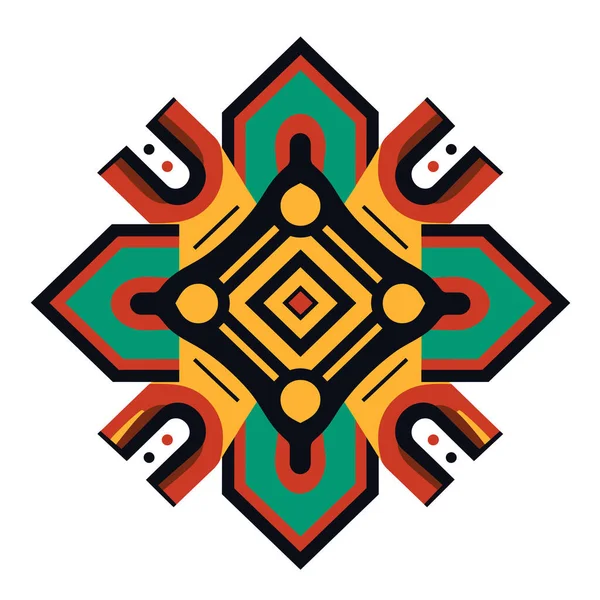 Merkezli simetrik tasarım siyah, sarı, yeşil ve kırmızı renkli geometrik şekiller içererek görsel olarak dengeli ve dekoratif desenler oluşturur..